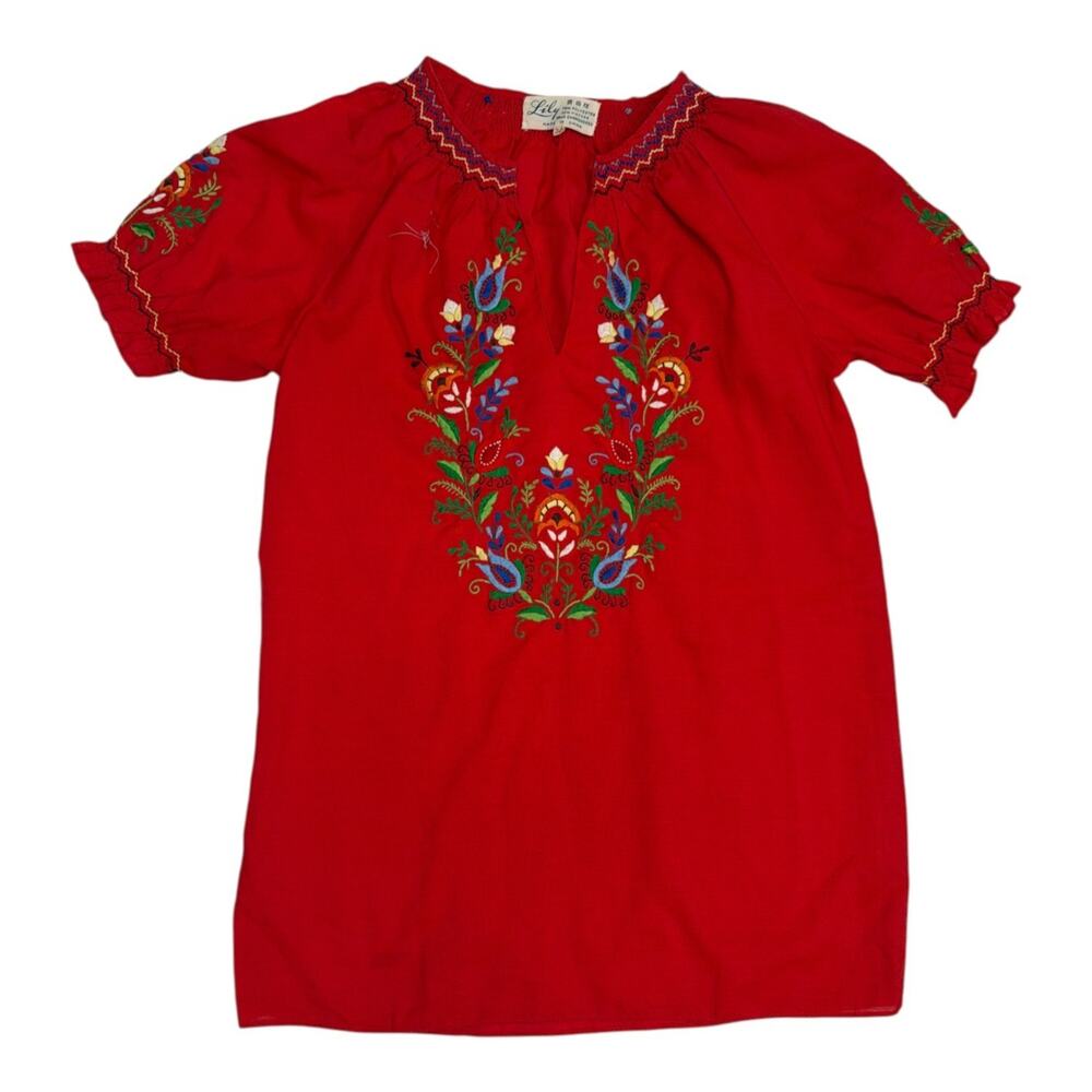 Lily Womens Floral Hand Embroidered Puff Sleeve Shirt Size 32 V-neck